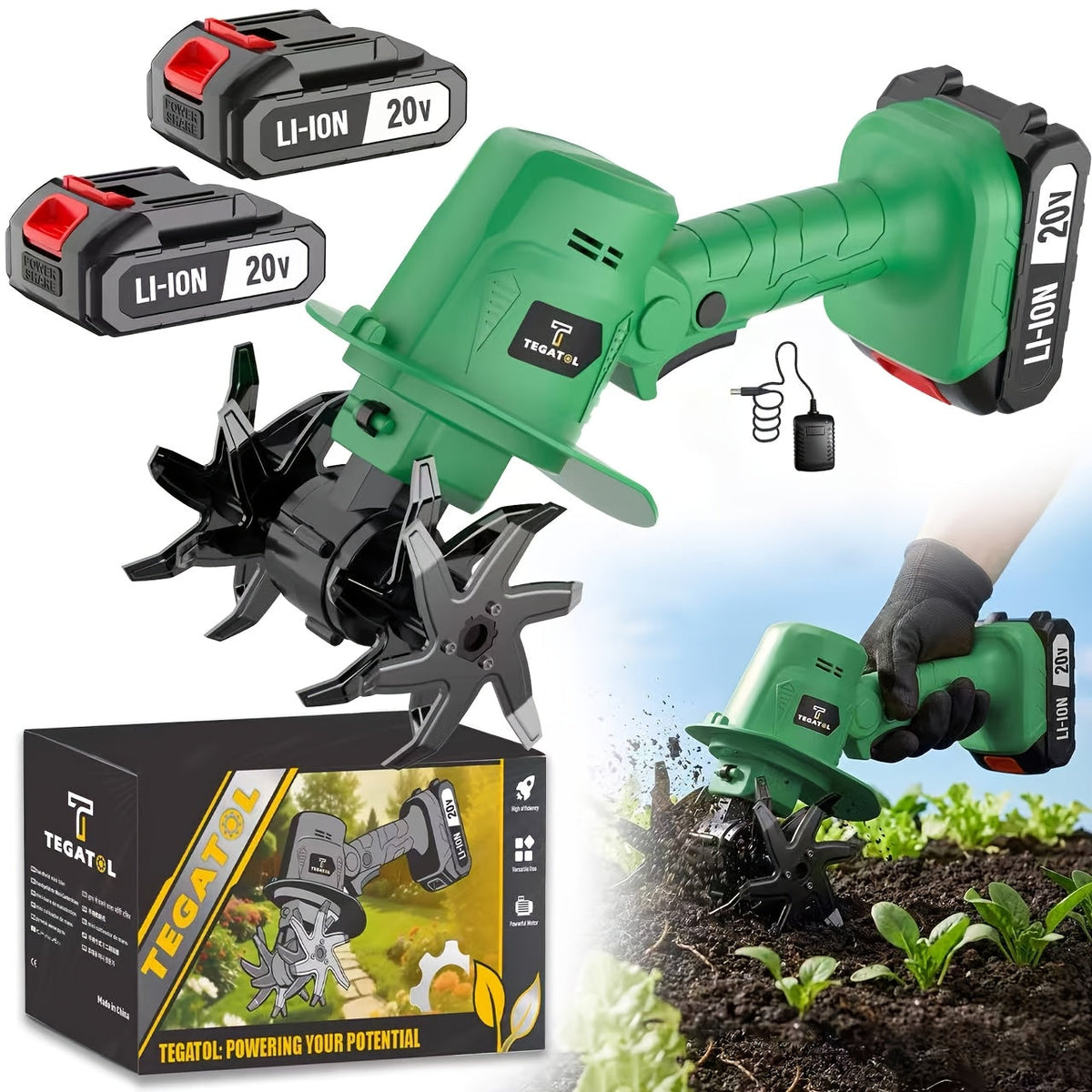 Cordless Electric Tiller Cultivator 20V, 9-Inch Tilling Width 4-Inch Depth, Lightweight Handheld Rototiller for Raised Bed Garden, Plowing Sowing Soil Loosening, 1 or 2 Battery Options