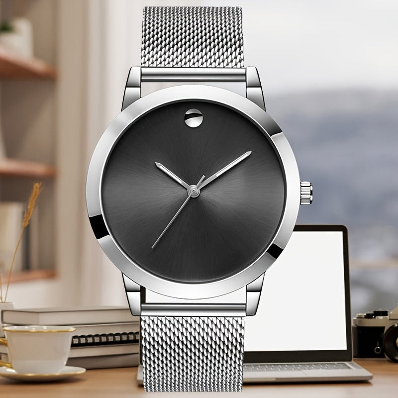 Men's Minimalist Stainless Steel Band Quartz Watch, Slim Round Dial, Casual Fashion Everyday Wear, Gift for Him, Silver Brown