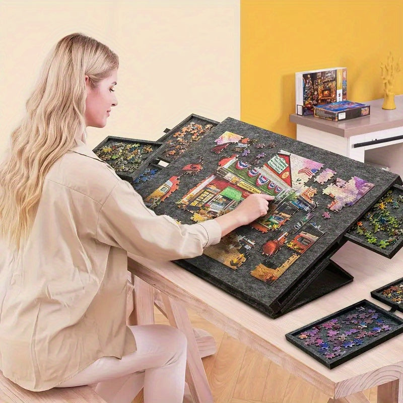 1000-Piece Puzzle Table, 2-in-1 Tilting Design with Stand, Lid & 6 Drawers, Ultralight Portable Puzzle Board for Adults, Ergonomic Jigsaw Puzzle Accessory Gift for Puzzle Lovers – Natural & Grey