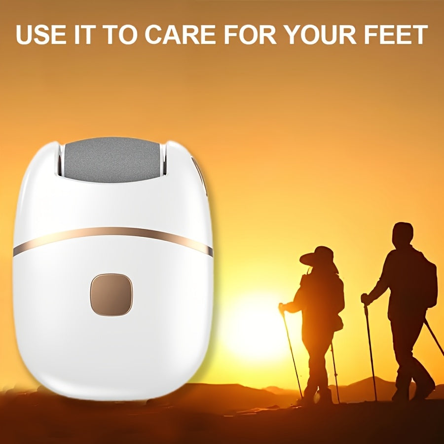 Rechargeable Electric Foot Scrubber - 6 Interchangeable Heads - Dead Skin Removal & Polishing - USB Powered - Ergonomic Handle - White & Gold Two-Tone Design
