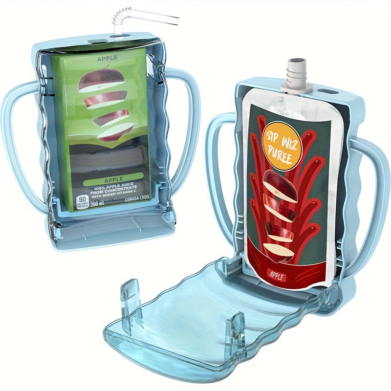 Anti-Squeeze Food Pouch & Juice Box Holder, Squeeze-Proof Baby Feeding Organizer with Flip-Top Closure, Food Contact Safe Square Container for Fruit Puree Pouches, Blue