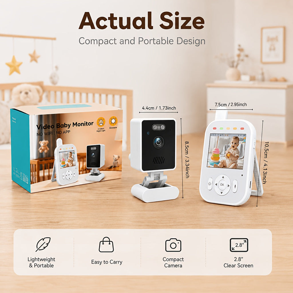 Baby Video Monitor, 2.8-Inch Screen 720p Wireless Baby Monitor with Night Vision Two-Way Audio VOX Mode 6 Lullabies Feeding Alarm & Manual Camera Rotation, No WiFi or App Required, Anti-Hacking, White