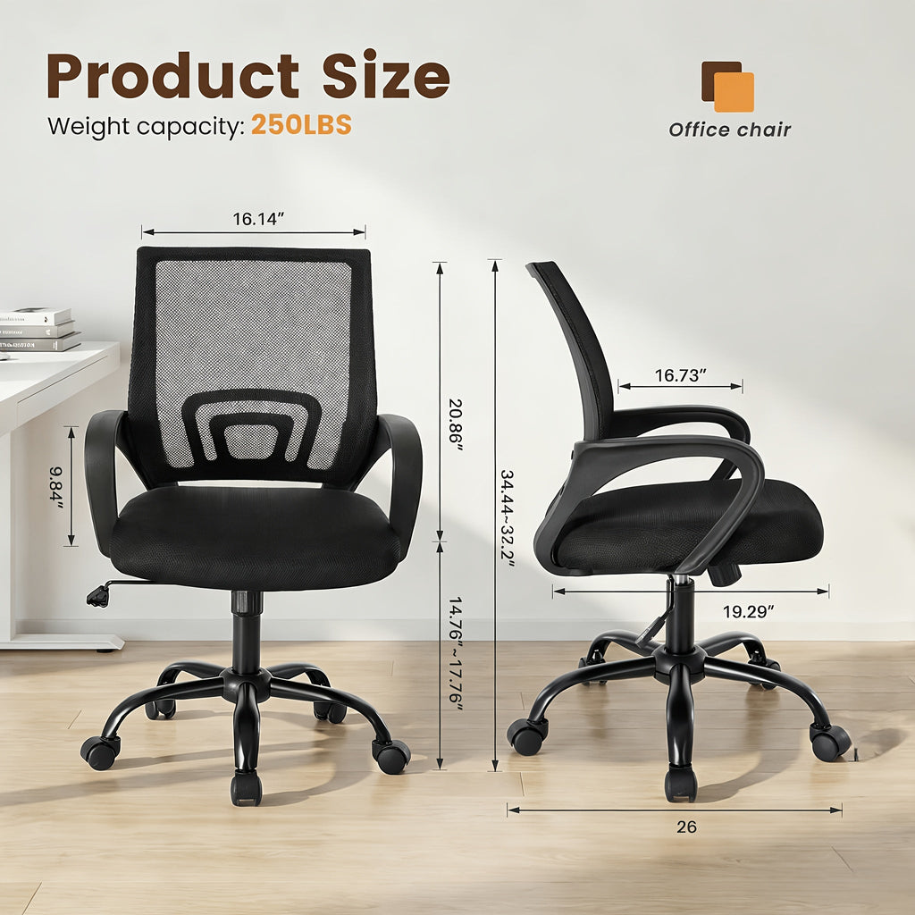 Ergonomic Mid-Back Office Chair - Lumbar Support, Rocking Mode, Height Adjustable, Fixed Armrests, 360° Swivel - Home, Gaming & Conference - Black, Pink, Gray & Red