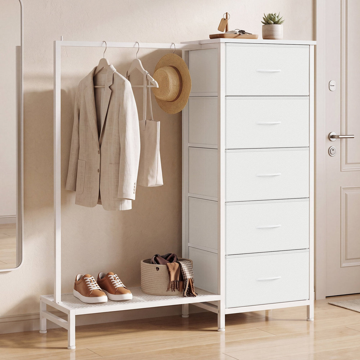 Freestanding Wardrobe Dresser with Hanging Rod, 5 Fabric Drawers & Shoe Shelf – 3-in-1 Closet Organizer, Reversible Layout, Steel Frame, Anti-Tip Kit, 37.9” x 11.8” x 46.3”, White – Nova Mart