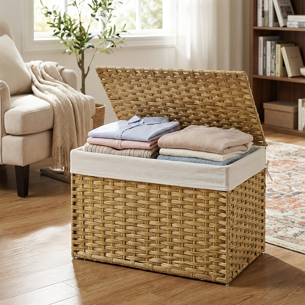 Large Foldable Storage Basket with Lid & Handles Removable Liner Metal Frame for Blankets Laundry Bedroom – 9.25 / 17.2 / 42.3 Gal – Natural Brown & Gray