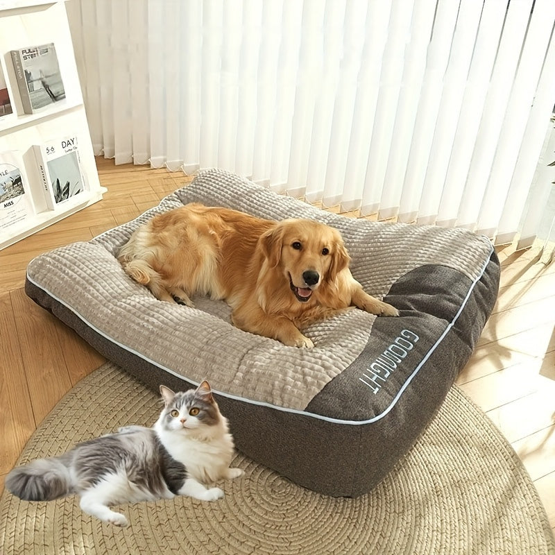 奢华格纹宠物沙发床，适用于中大型猫犬——全季节柔软聚酯纤维填充，防滑底面，金毛寻回犬理想之选，随附赠品玩具球，舒适宠物沙发床