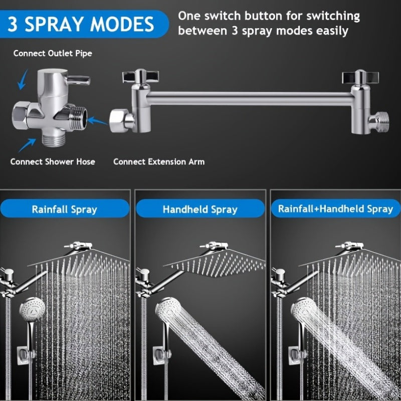 Rain Shower Head Combo - 8"/10"/12" High Pressure Rainfall Head, 13" Adjustable Extension Arm & 6-Setting Handheld with Long Hose - Works Against Low Water Pressure - Chrome