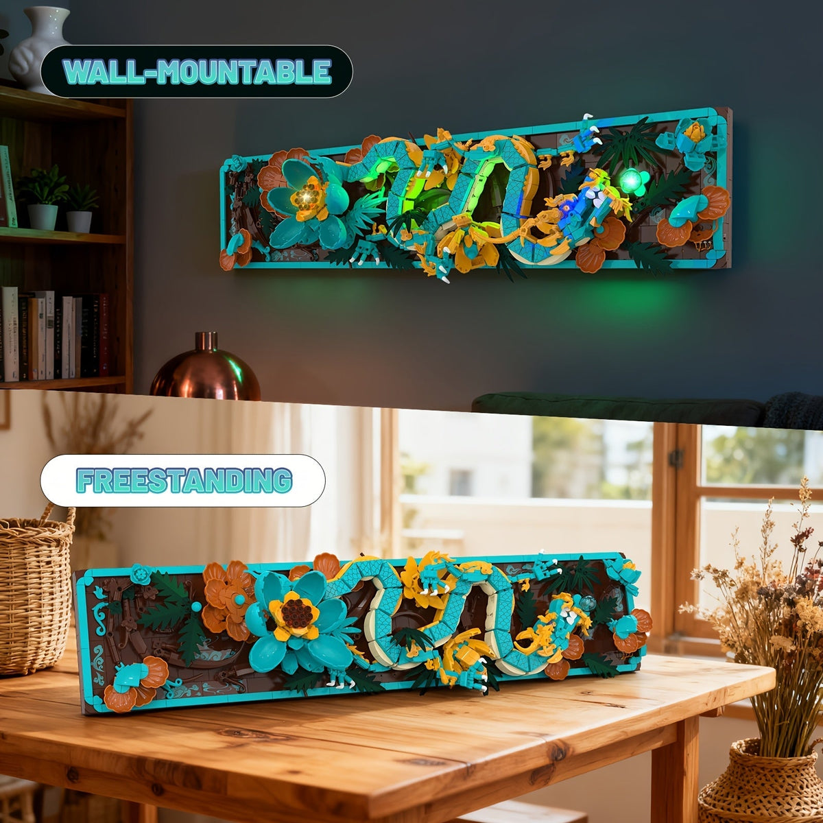 Dragon Wall Art Building Block Set, 1574 Pieces, LED Light Mythic Dragon Tile Frame Kit for Adults, Teens, Home Office Decor, STEM Creative Gift, Ages 14+
