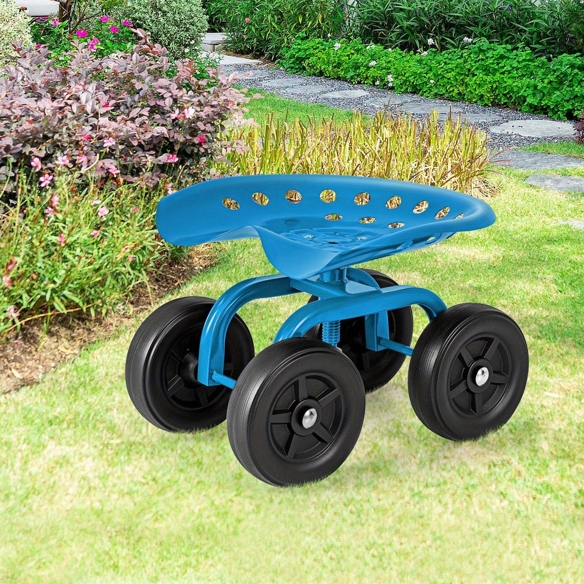 Garden Cart with Seat 330LBS Heavy Duty Rolling Scooter 5 Inch Adjustable Height 360 Swivel Seat 4 Non-Slip Wheels Ergonomic for Lawn Yard Planting Pruning Red Blue Green