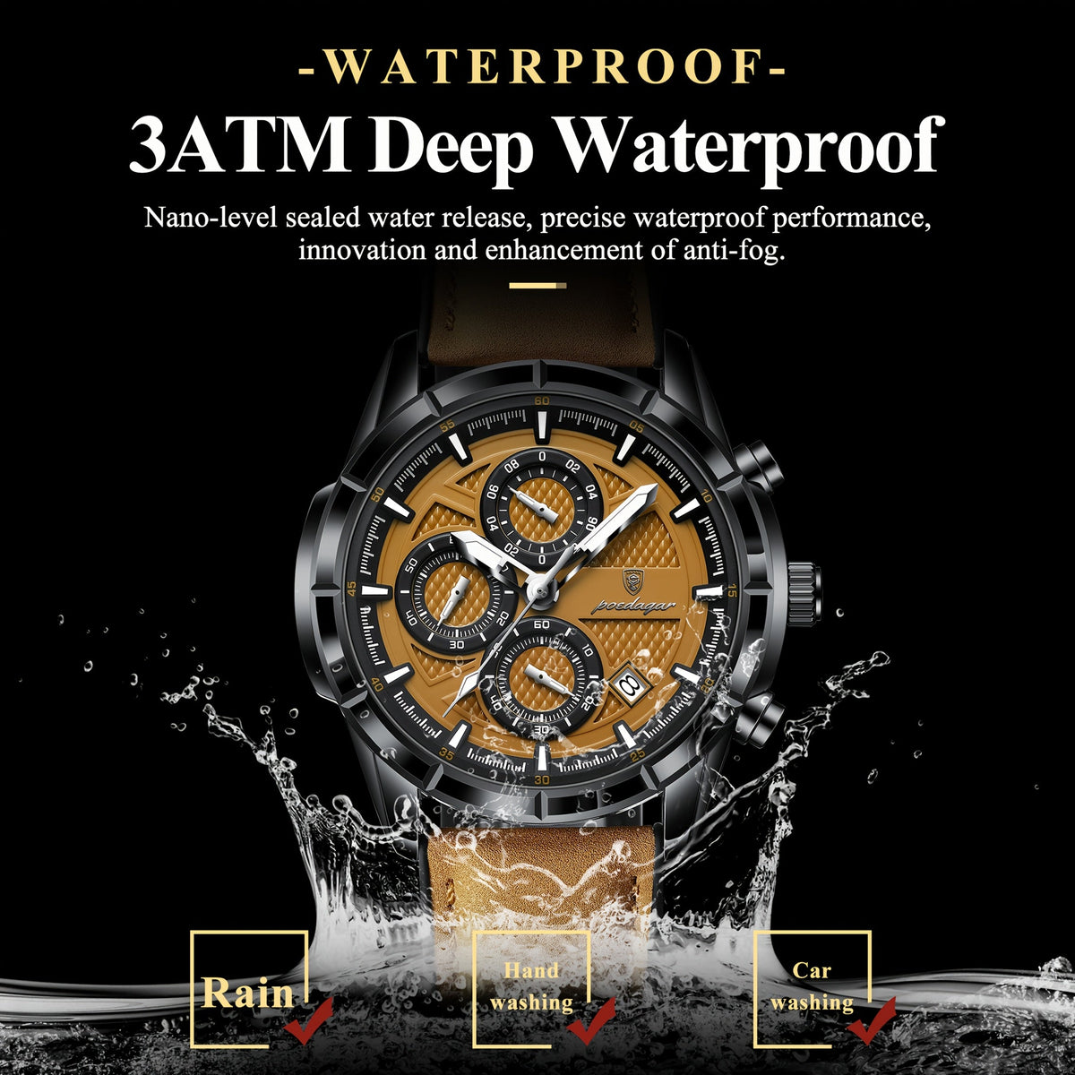 POEDAGAR Men's Waterproof Chronograph Quartz Watch, Luminous Leather Strap – Calendar Date Sports Casual Wristwatch Gift for Men, Black Brown Black