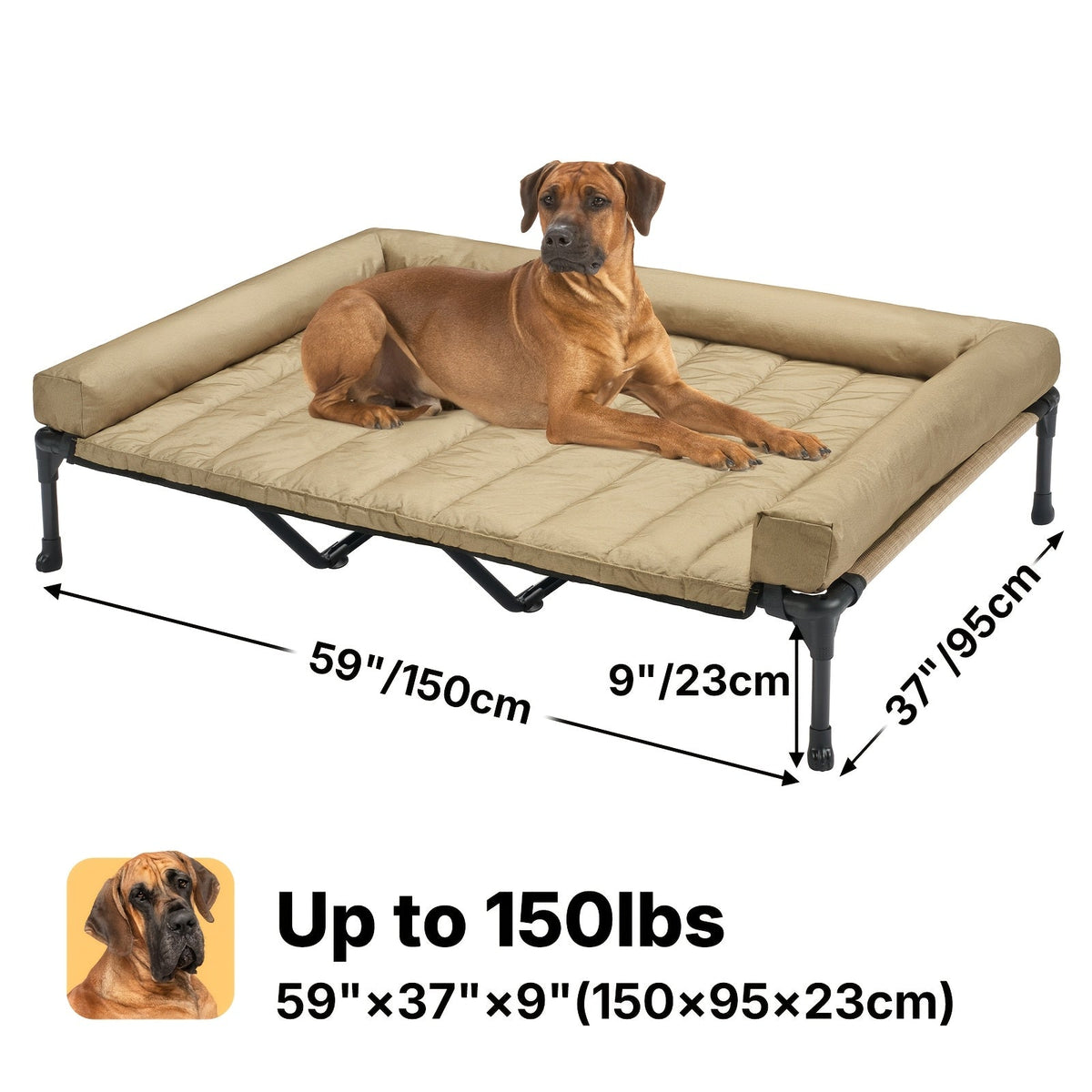 Cooling Elevated Dog Bed with Removable Pillow-Top Mat – Raised Bolster Dog Cot with Breathable Mesh and Non-Slip Feet, Dog Sofa Bed for Indoor & Outdoor Use