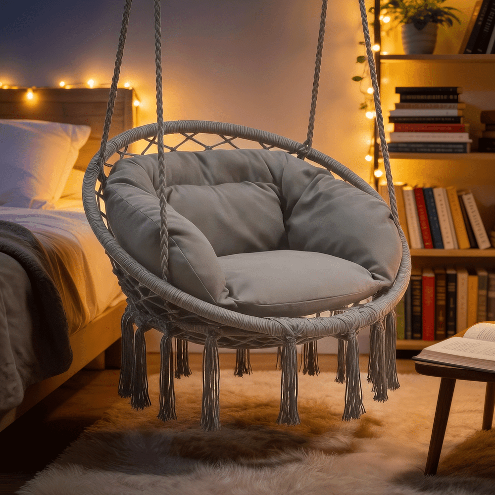 Hanging Hammock Macrame Swing Chair with Cushion – 350 LB Capacity Boho Hammock Chair for Adults & Teens Backyard Patio Reading Relaxing in Black Beige & Gray