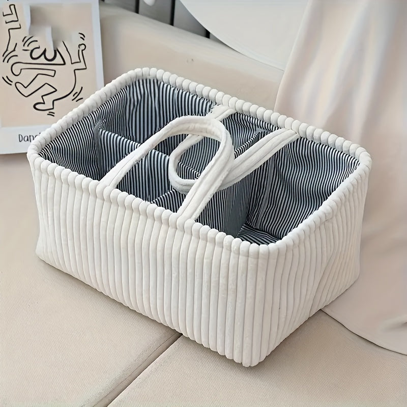 Foldable Multi-Pocket Diaper Bag & Storage Basket, Large Capacity Nursery Organizer with Compartments & Dividers for Clothes Toys & Outings, Corduroy Styles in Gray White & Brown