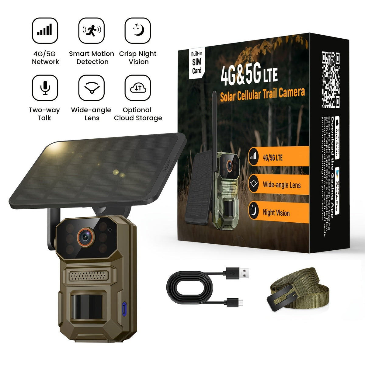 4G LTE Solar Trail Camera 1920P HD – Cellular Wildlife Camera with PIR Motion Sensor, Infrared Night Vision, Two-Way Audio, Remote Access, No WiFi Required, IP65 Waterproof, Solar Powered