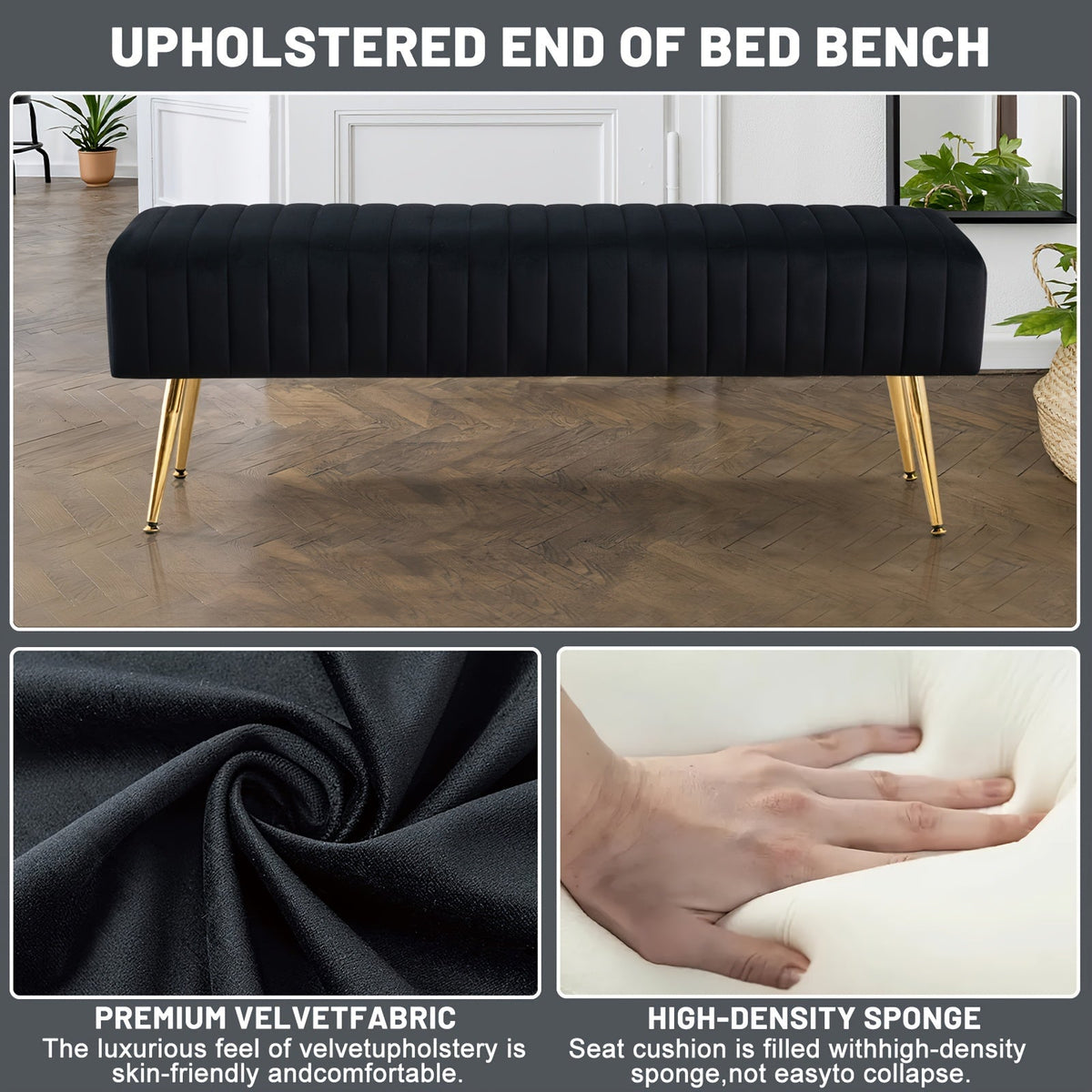 44-Inch Luxury Velvet Shoe Changing Bench with Gold-Plated Legs Entryway Bedroom End Footrest & Step Stool Sturdy Frame Elegant Decor – Black Pink Grey Dark Green