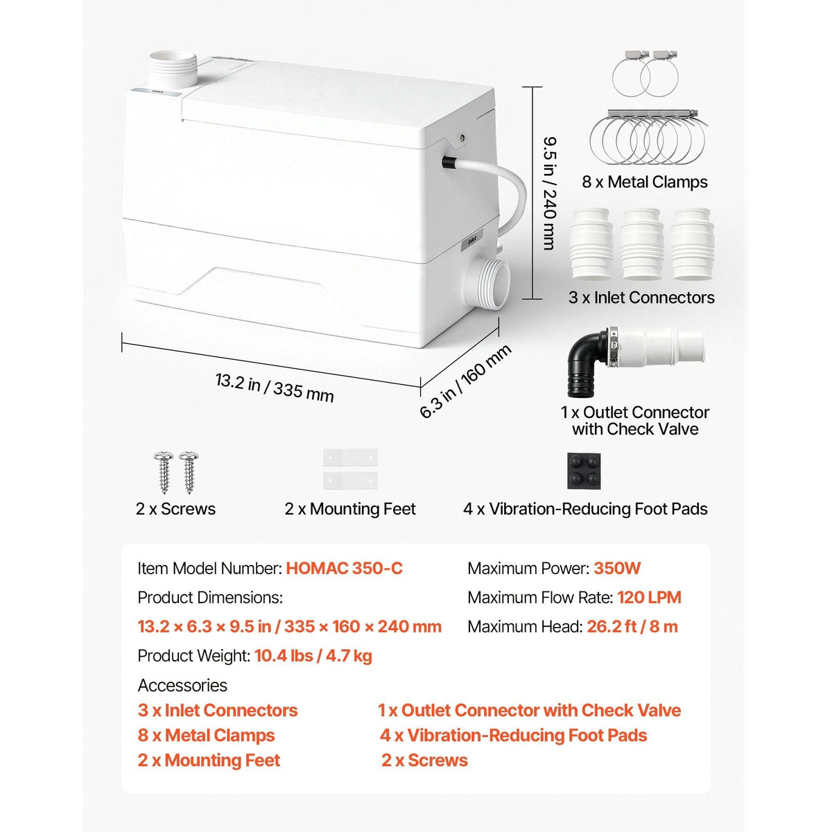 VEVOR Utility Sink Pump 350W 120 LPM Flow 26.2 ft Lift Copper Motor with Check Valve 3 Inlets Quiet Odor-Block for Basement Kitchen Sink & Shower Gray Water Drainage