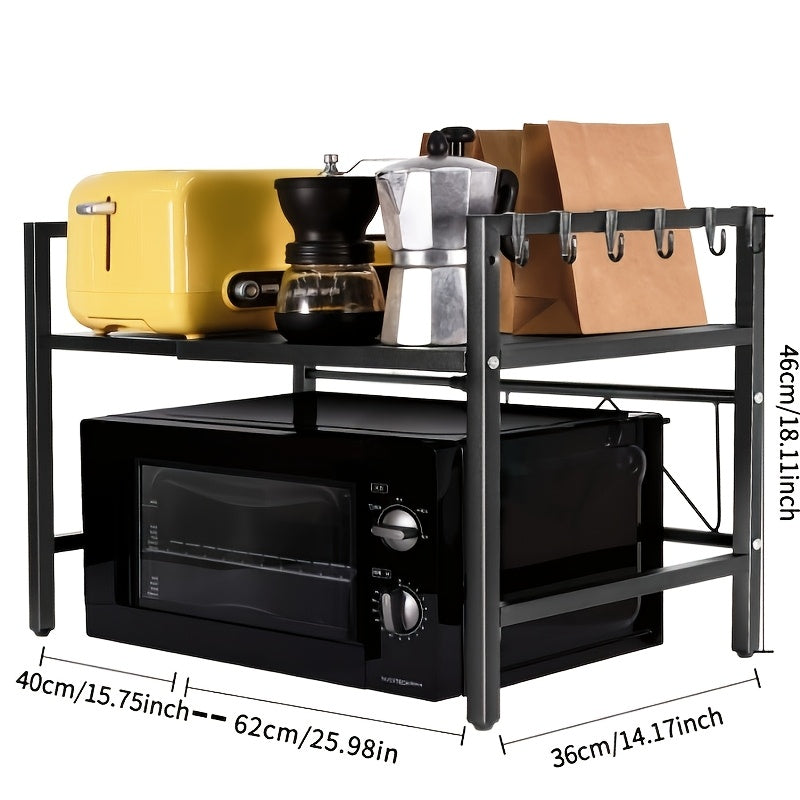 Expandable Over-The-Microwave Shelf - Heavy Duty Carbon Steel Kitchen Rack with 6 Hooks, 66 lb Capacity, Adjustable Width, Countertop Organizer for Microwave, Spices & Utensils - Black