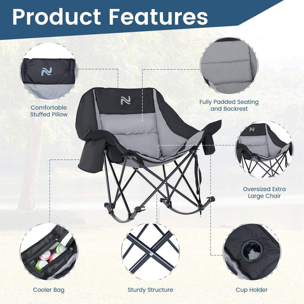 Oversized Rocking Camping Chair – 400 LB Capacity Fully Padded High Back Portable Lawn Recliner with Cooler Bag & Side Pocket for Camp Patio & Outdoor in Black Gray & Blue