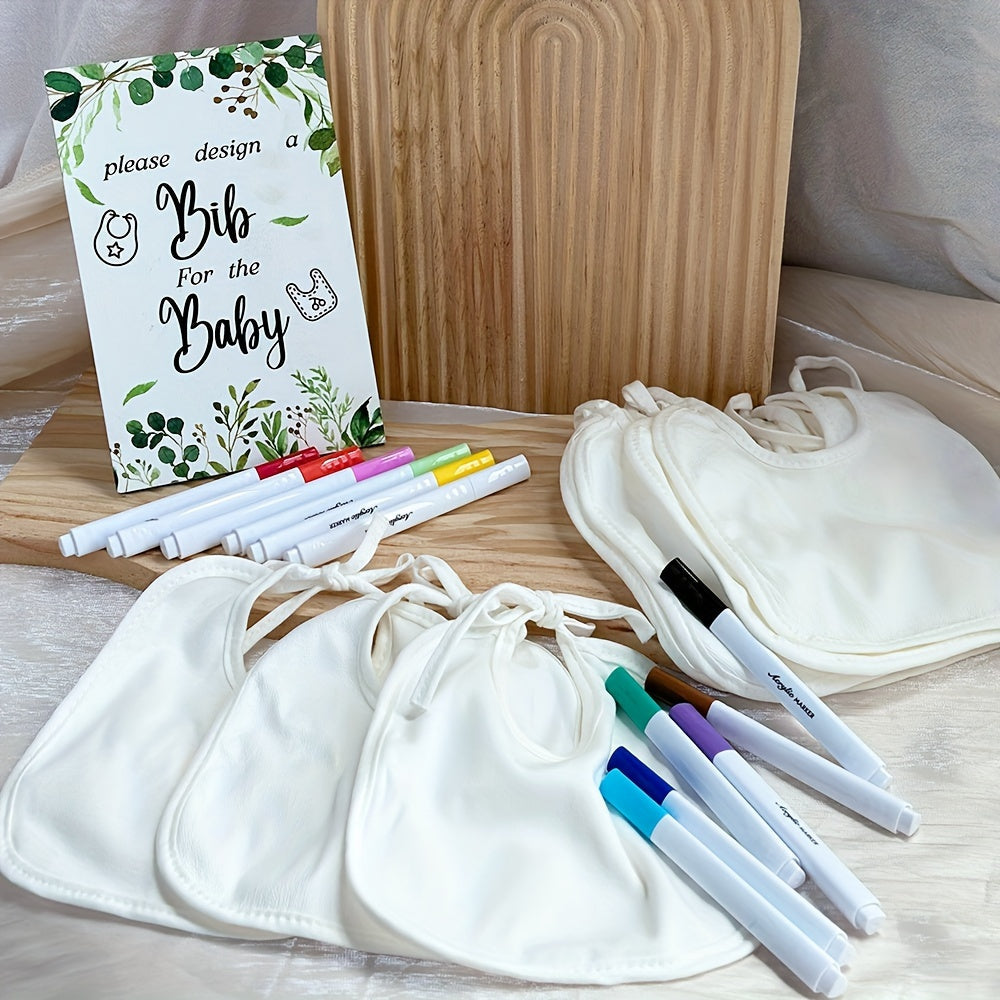 23-Piece Baby Shower Games Kit, Blank Bib Decoration Activity Set with 1 Sign Board 12 Pens & 10 White Bibs, Fun Party Game for Baby Showers Gender Reveal Parties & Celebration Decorations