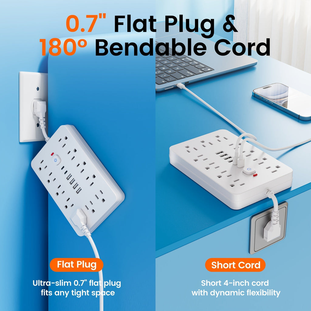 防雷防涌排插 11个AC插孔 | 4个USB-A & 2个USB-C端口，过载保护，短线/5英尺/10英尺延长线 – 家用、办公、桌面及校园多插口电源排插 – 白色 & 黑色