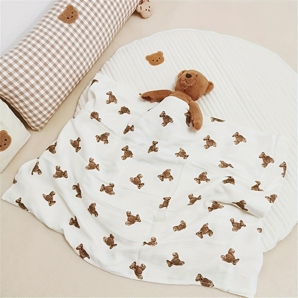 Double-Layer Cotton Gauze Baby Swaddle Blanket with Cute Bear Print, Soft Muslin Bath Towel Blanket for Newborns & Infants, 35x51 Inch Multi-Use Swaddle Wrap for Boys & Girls