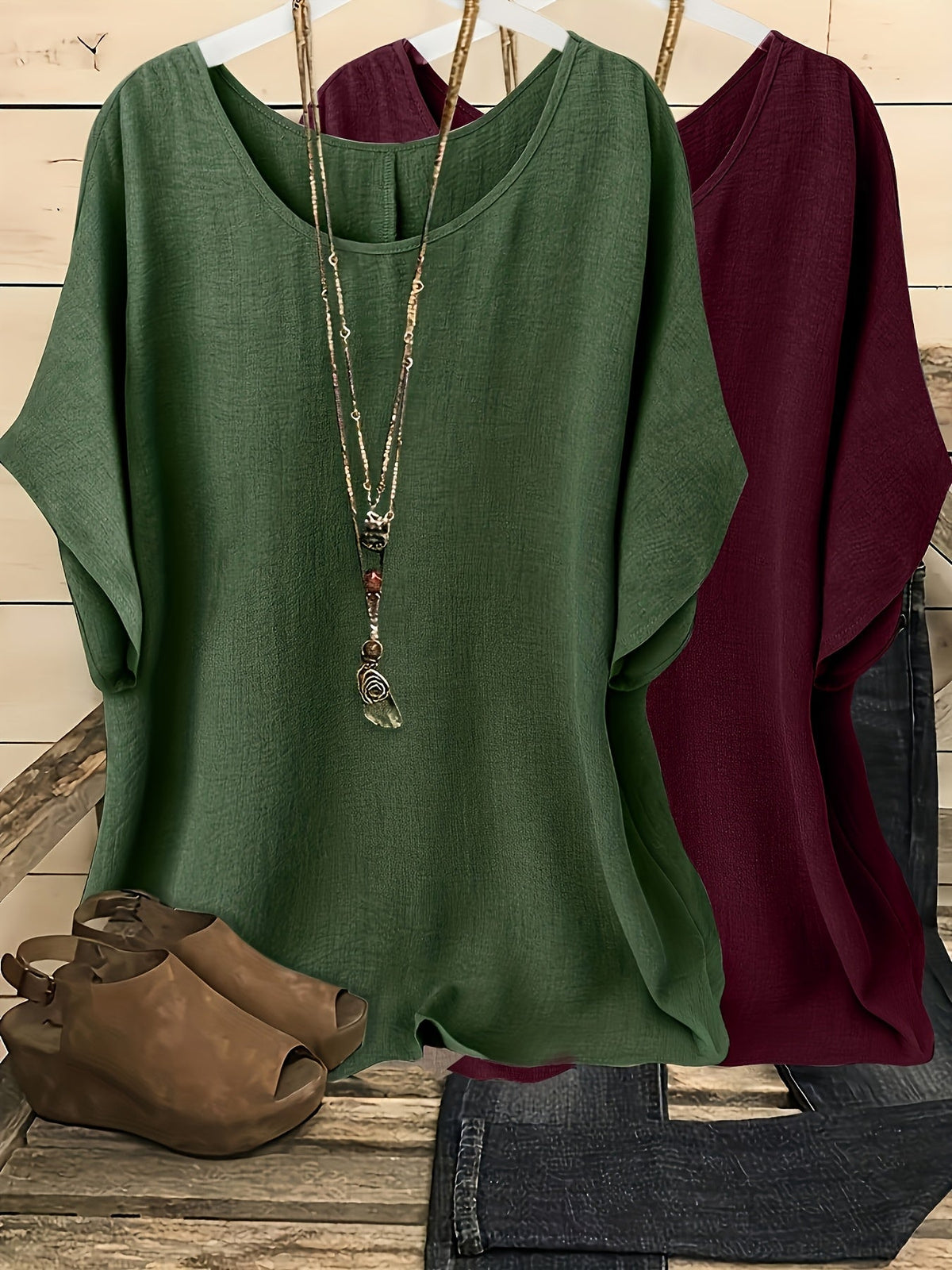 Women's Batwing Sleeve Shirt 2-Piece Set, Casual Vacation Round Neck Solid Color Loose Top, S-XXL, Multiple Colors | US Warehouse Fast Shipping