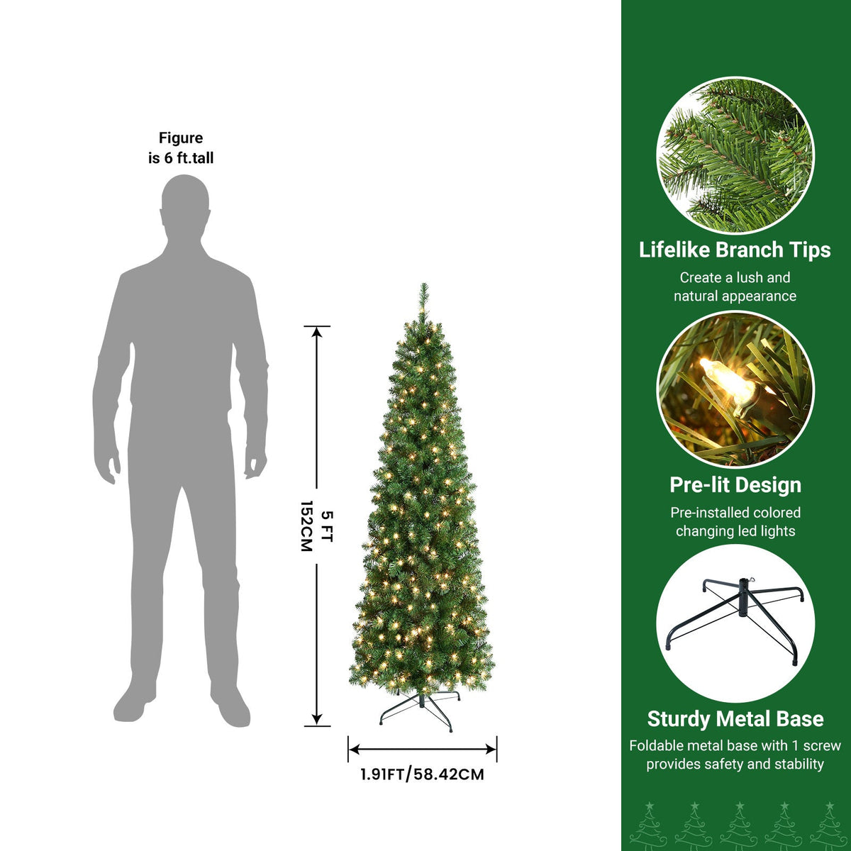 Pre-Lit Slim Pencil Christmas Tree – Artificial Hinged Xmas Tree with Warm White Lights Full Branch Tips Stable Metal Stand Easy Assembly in 4FT to 9FT + Bonus Tinsel Garland