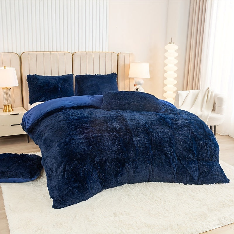 Plush Duvet Cover Set 3 Piece, Long Hair Knitted Polyester, Solid Color Fuzzy Comforter Cover with Zipper Closure, All-Season Soft Cozy Bedding Set for Bedroom, Multiple Colors Available