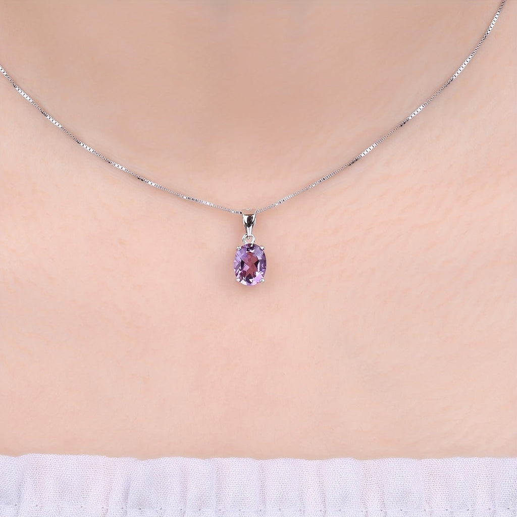 925 Sterling Silver Natural Gemstone Oval Cut Pendant Necklace for Women – Amethyst, Citrine, Garnet, Peridot, Topaz Multi-Faceted Fine Jewelry, Elegant Daily Gift for Girls