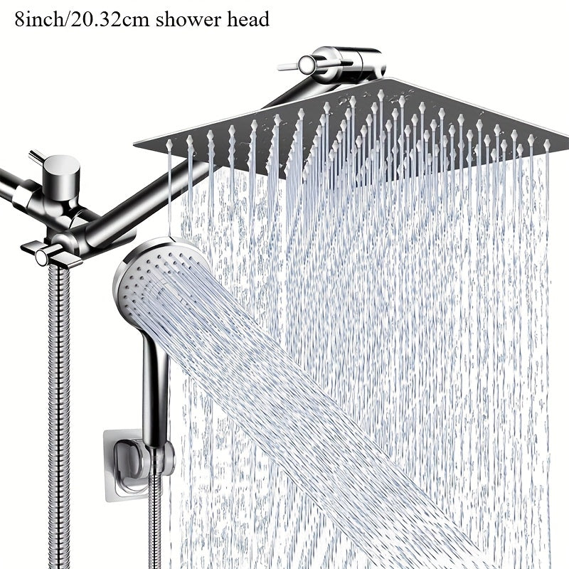 Rain Shower Head Combo - 8"/10"/12" High Pressure Rainfall Head, 13" Adjustable Extension Arm & 6-Setting Handheld with Long Hose - Works Against Low Water Pressure - Chrome