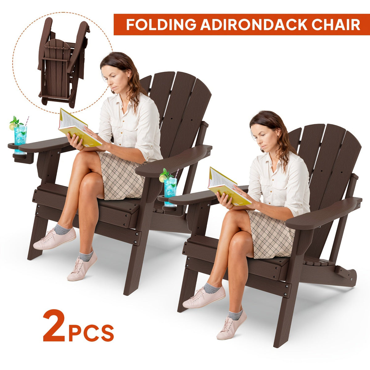 Folding Adirondack Chair with Cup Holder Portable Recliner Stainless Steel Frame Durable Plastic Easy Clean for Patio Poolside Garden Camping Set of 1 2 4 6