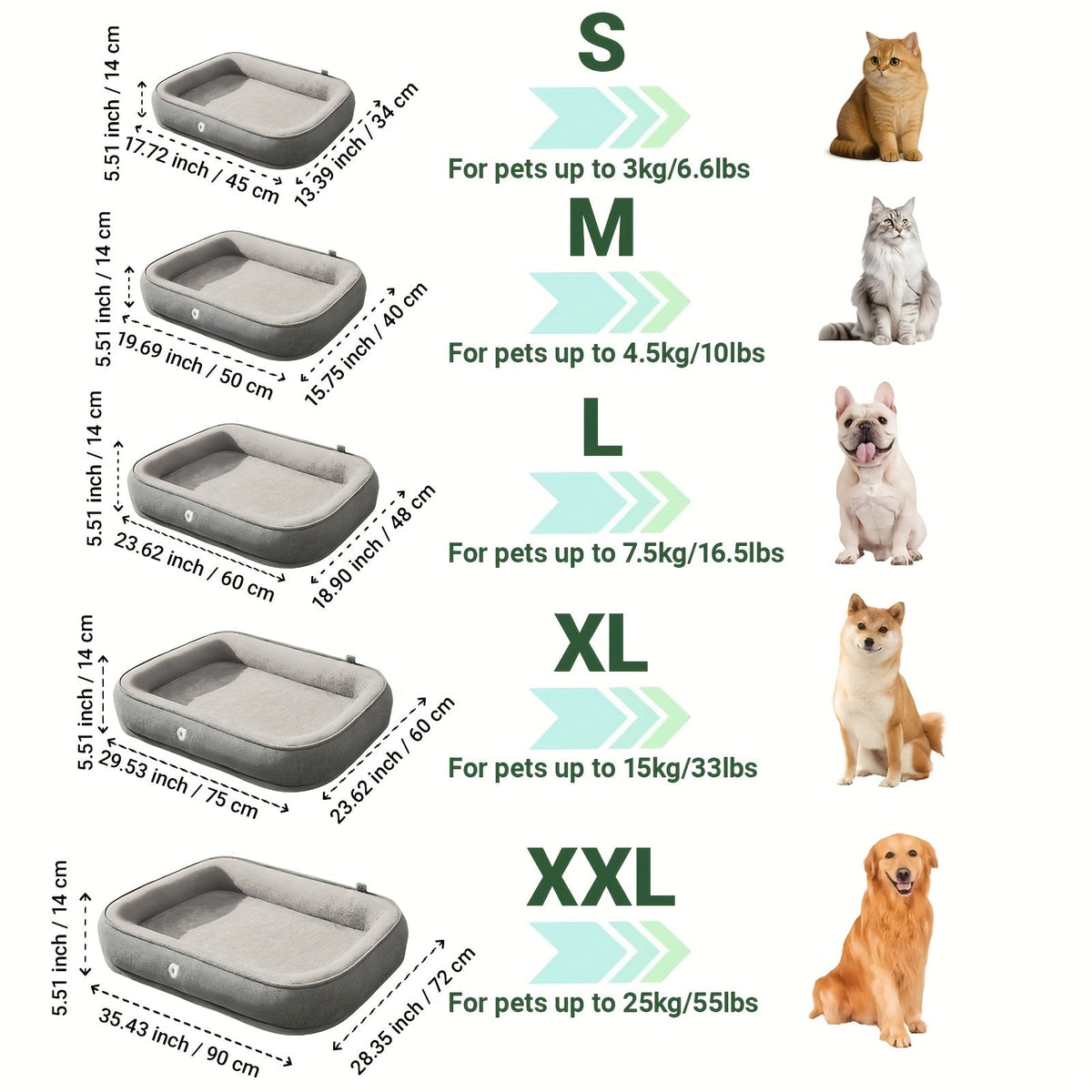 Orthopedic Dog Bed & Cat Bed, All-Season Comfort Pet Mattress, Moisture-Wicking Surface, Anti-Slip Bottom, Washable Cover, Fits Small, Medium, and Large Dogs and Cats, S, M, L, XL, and XXL Sizes Available