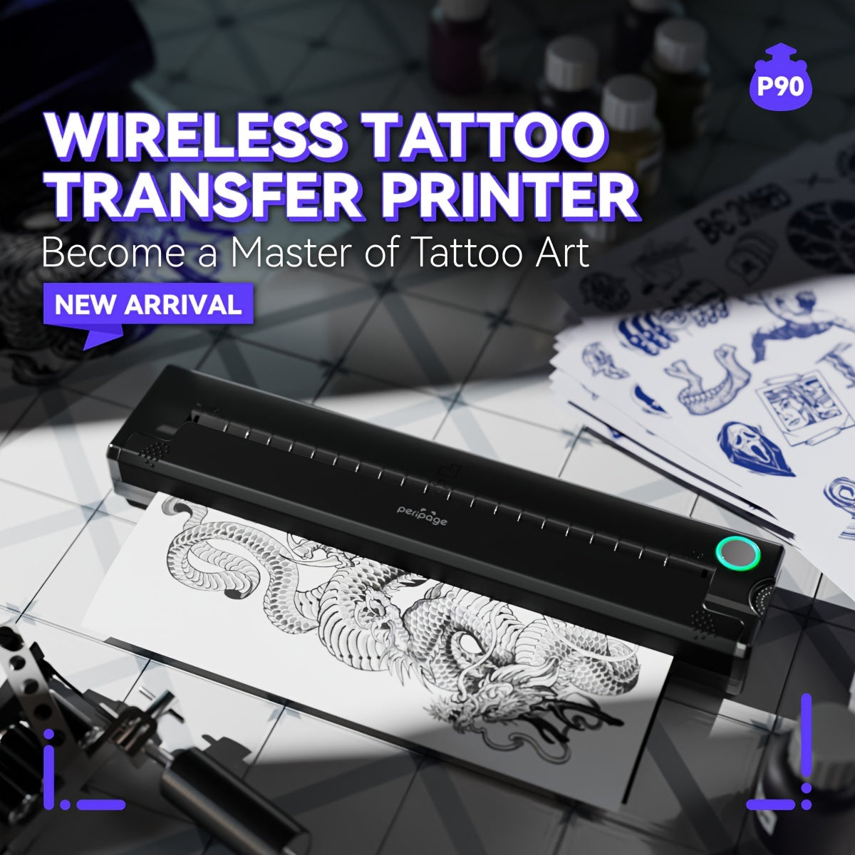 Peripage P90 Tattoo Stencil Printer – Portable Thermal Printer for Tattoo Transfer Paper, Compatible with iOS, Android & PC, Mini Wireless Printer Includes 5pcs A4 Transfer Paper, Gift for Tattoo Artists