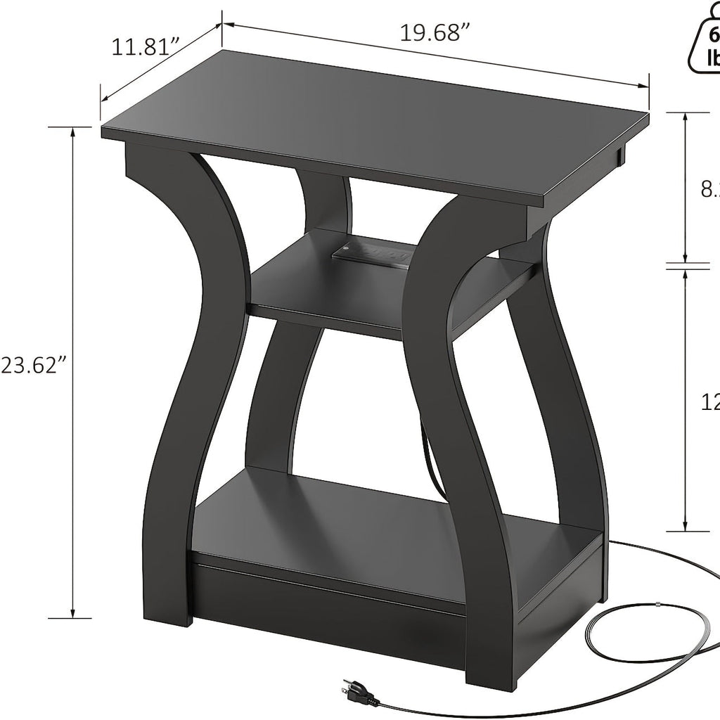 3-Tier Nightstand with Charging Station – Slim Side Table with USB Ports & Outlets for Bedroom Living Room Small Spaces in Black & Gray