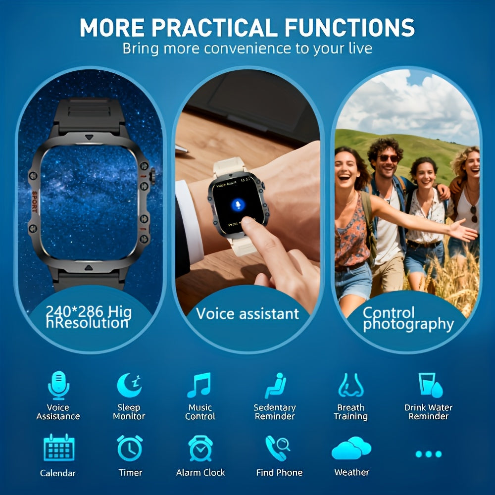 Large Screen Smartwatch Compatible with iPhone & Android, Wireless Calling, SMS, Fitness Tracker, Heart Rate Monitor, Remote Camera Control, USB Rechargeable for Men & Women - Modern Design Travel Gift