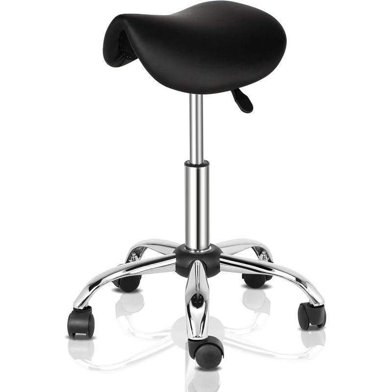 OmySalon Hydraulic Adjustable Ergonomic Saddle Rolling Stool - 18.5"–24.4" Height, 360° Swivel, 300 lbs Capacity, PU Leather, SGS Certified - Salon, Tattoo, Massage & Spa - Walnut & Brown