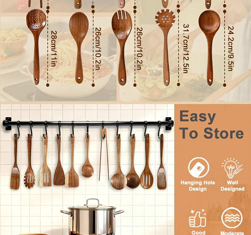 10-Piece Natural Teak Wooden Kitchen Utensils Set - Cooking Spoons, Spatulas & Turner, Non-Stick Safe, Heat Resistant, Eco-Friendly Wood Cookware Tools for Home Kitchen