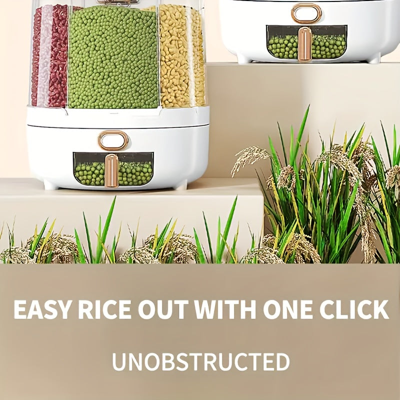 Rotating Cereal Dispenser 6-Grid Large Capacity Airtight Rice Storage Container, Moisture-Proof Insect-Proof Grain Dispenser with Transparent Window & Press Button, Food-Grade PP for Rice, Grains, and Flour