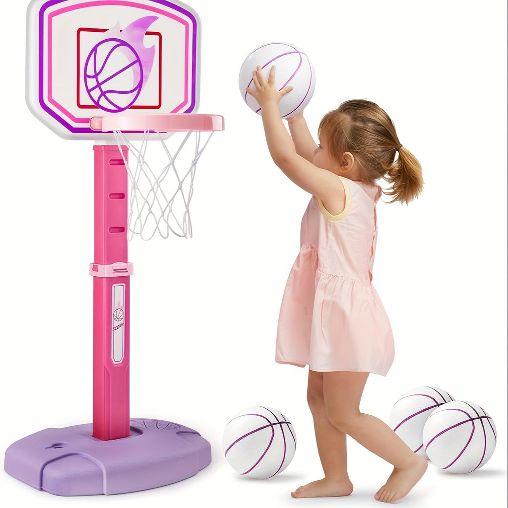 Kids Basketball Arcade Game Set Adjustable Height 2.5–3.5 Ft 4 Balls Air Pump & Backboard Indoor & Outdoor Safe for Toddlers – Pink & Blue Birthday Christmas Gift
