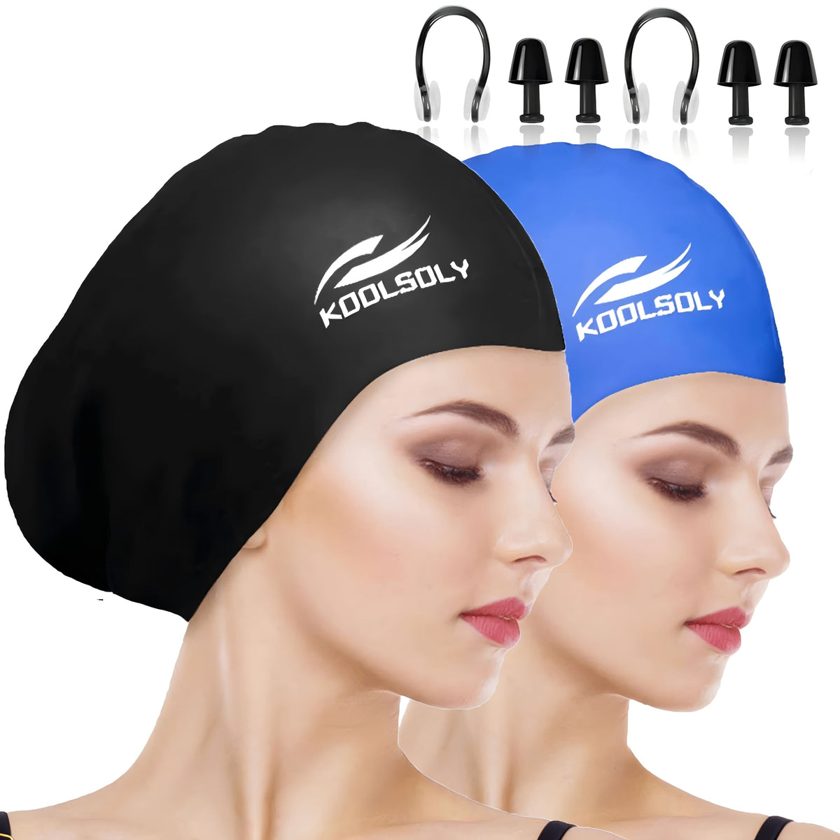 Silicone Swimming Cap 2-Pack with Ear Protection for Long Hair – Includes Earplugs & Nose Clip, Waterproof Swim Cap Set, 11 Color Options for Women, Men, and Adults