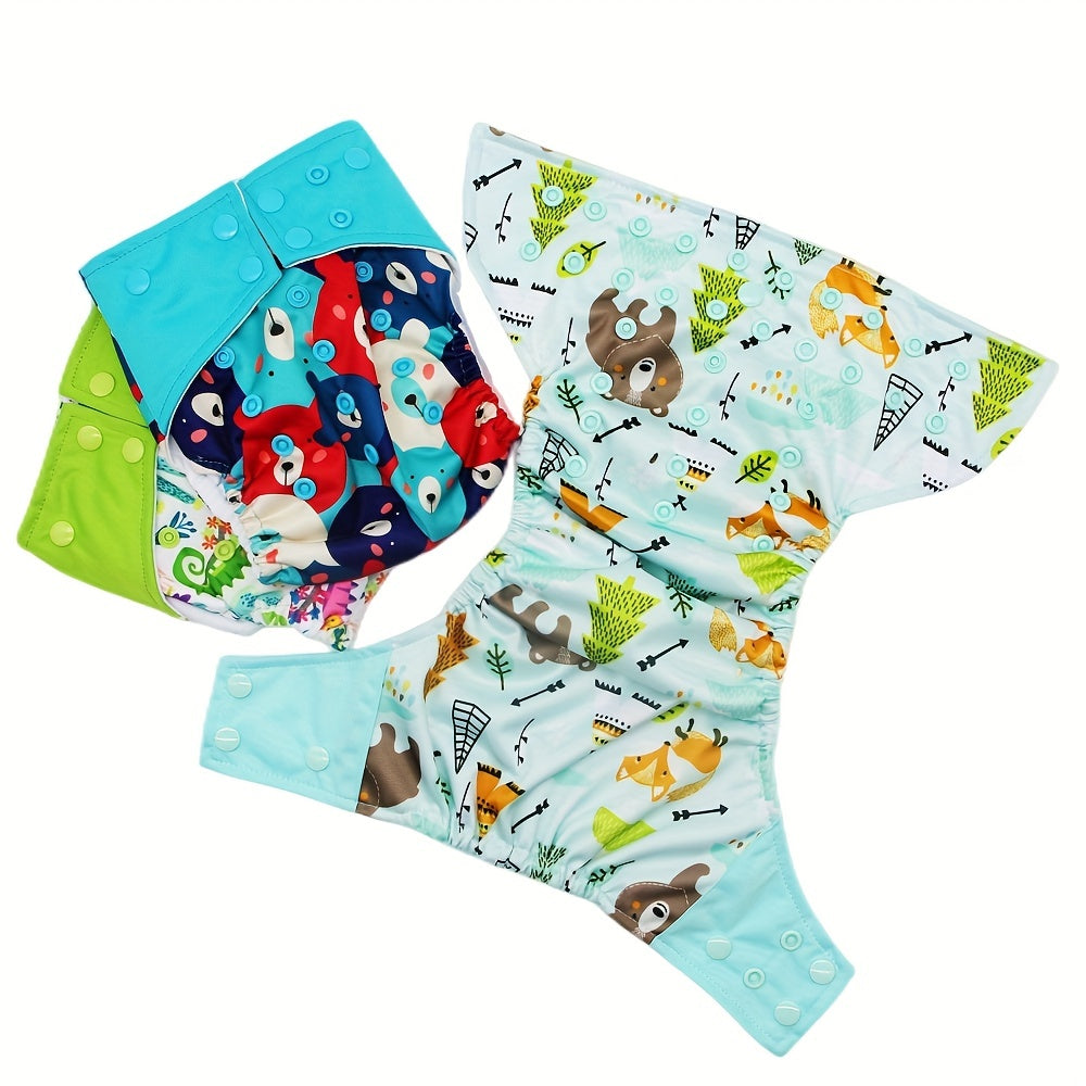 Reusable Cloth Diaper Set of 3 for Baby 0-2 Years, Washable Adjustable One-Size Pocket Diapers Fits 6.6-33 lbs, Cute Print Unisex Cloth Nappies for Boys & Girls