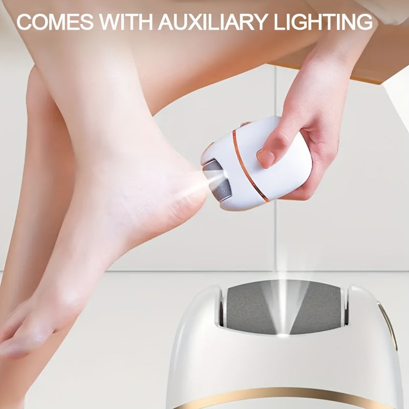 Rechargeable Electric Foot Scrubber - 6 Interchangeable Heads - Dead Skin Removal & Polishing - USB Powered - Ergonomic Handle - White & Gold Two-Tone Design