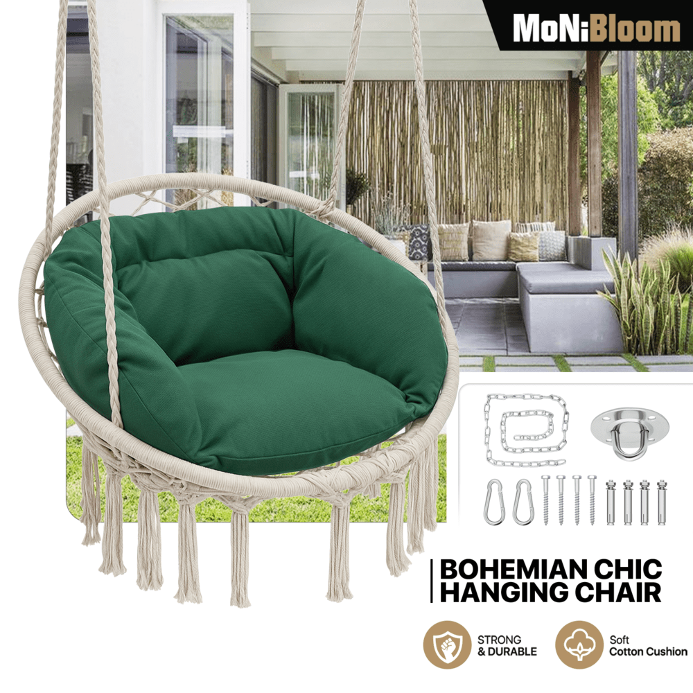 Hanging Hammock Macrame Swing Chair with Cushion – 350 LB Capacity Boho Hammock Chair for Adults & Teens Backyard Patio Reading Relaxing in Black Beige & Gray