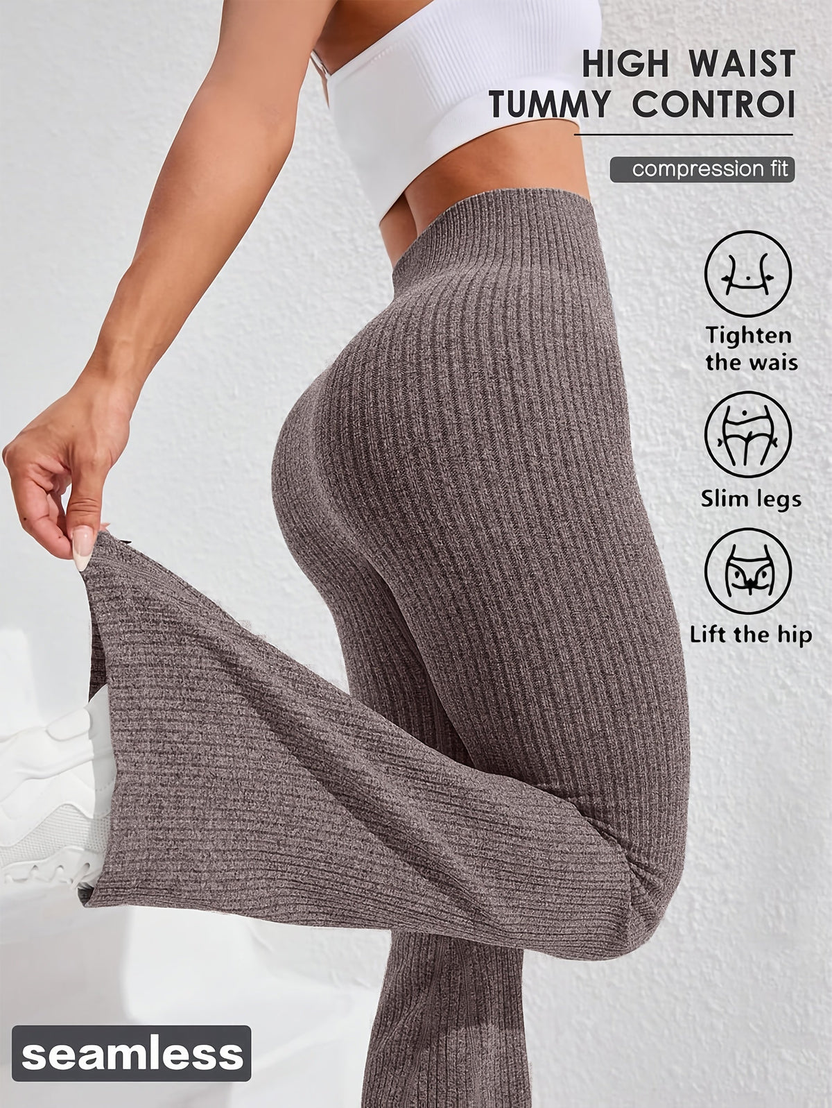 Women's High-Waist Tummy Control Slim Flare Pants Textured Wide Ribbed Knit Stretch Yoga Fitness Running Casual Trousers XS-L 4 Colors
