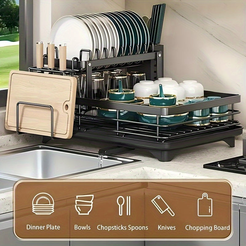 2-Tier Dish Drying Rack for Kitchen Counter with Drainboard, Drain Mat, Knife, Fork, and Cup Holder, Utensil Organizer, Dish Drainer, Kitchen Gadget Gift for Women, Mother's Day