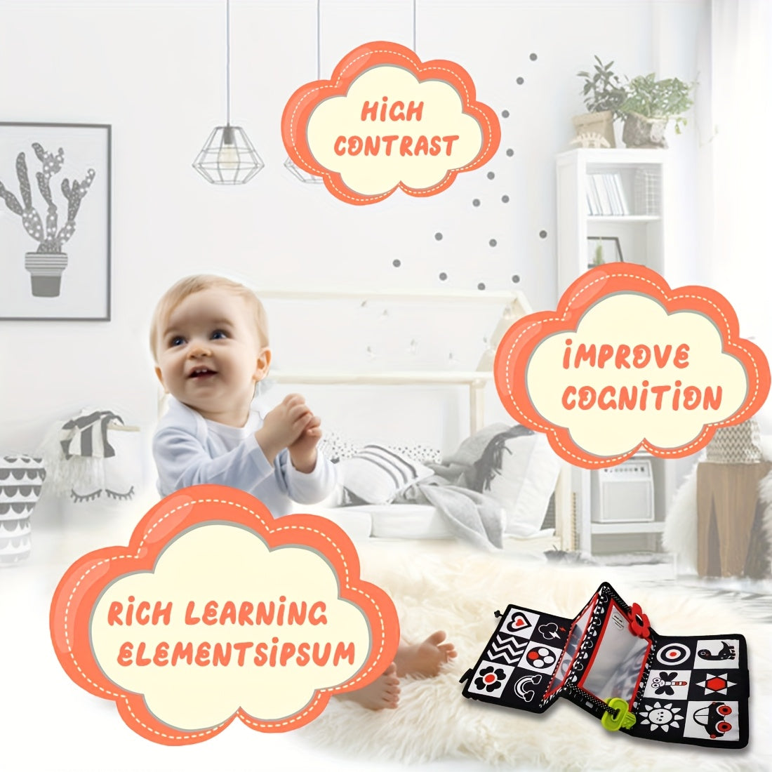 Double-Sided High Contrast Tummy Time Mirror & Teether, Black & White Sensory Toy for Newborns & Infants, Developmental Crawling Aid with Four-Fold Design