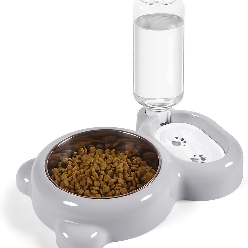 宠物双碗套装带自动饮水瓶——猫狗通用食盆与水碗，洗碗机适用，耐用不含双酚A，粉色灰色紫色，室内宠物喂食站
