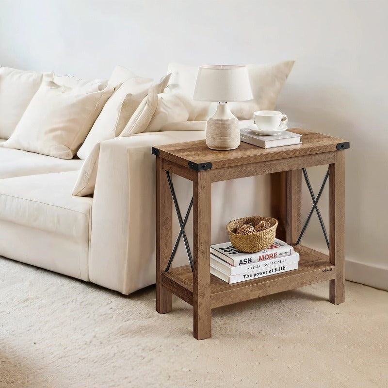 2-Tier End Table Side Table with Bottom Shelf Nightstand for Small Spaces Living Room & Bedroom – Farmhouse Rustic Hardwood Construction Sturdy Legs Brown