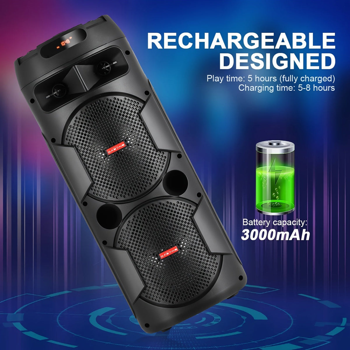 Portable Bluetooth PA Speaker with Dual 8" Woofers, Karaoke System with Wired Microphone & Remote Control, Rechargeable Battery, MP3/USB/SD/AUX/FM, LED Battery Indicator, Heavy Bass Sound