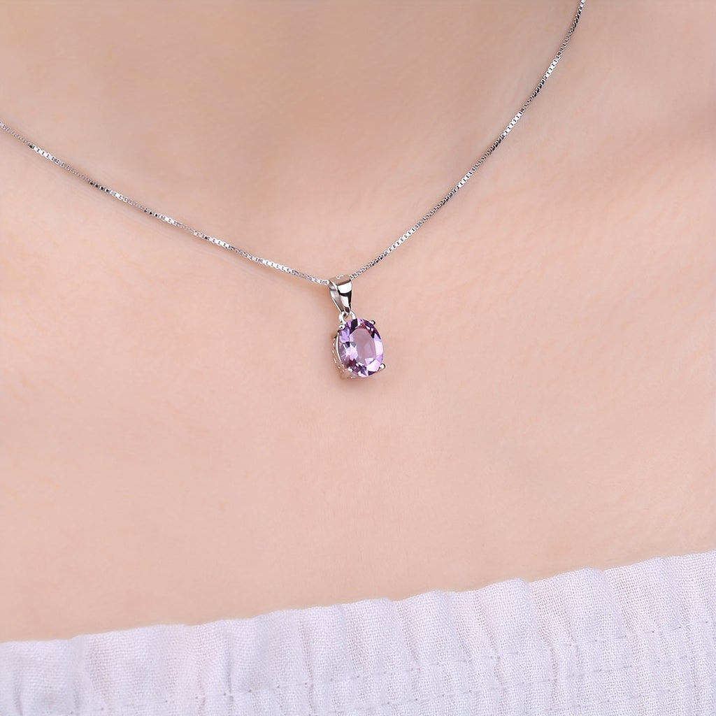 925 Sterling Silver Natural Gemstone Oval Cut Pendant Necklace for Women – Amethyst, Citrine, Garnet, Peridot, Topaz Multi-Faceted Fine Jewelry, Elegant Daily Gift for Girls